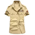 Men's khaki short sleeve military cargo shirt featuring US Airforce patches and pockets - M / Tops / Khaki