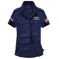 Heren marineblauw militair cargohemd met korte mouwen, patches en een slim-fit ontwerp - M / Tops / Donkerblauw