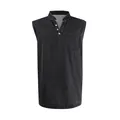 Sleeveless black denim henley shirt for men featuring three buttons and a chest pocket - M / Tops / Black
