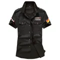 Heren slim fit militaire korte mouw cargo shirt in zwart met geborduurde patches - 6XL / Tops / Zwart