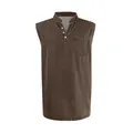 Men's sleeveless denim vest in washed brown with chest pocket and stand collar - Brown