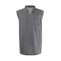 Men's casual grey denim sleeveless shirt with three-button henley collar and pocket. - Gray