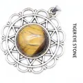 Collier pendentif fleur soleil vintage en argent avec pierre précieuse œil de tigre ronde - Pendentif Uniquement / Œil de tigre