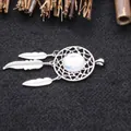 Elegant dreamcatcher pendant necklace featuring a white opal stone and silver feather charms - Opalite Style / Silver