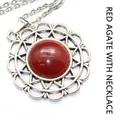 Vintage silver sunflower pendant necklace featuring a round red agate cabochon stone. - With Necklace / Red Agate