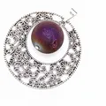 Bohemian style hollow silver-toned circular pendant with round purple agate stone SKU 4 - Purplish Brown (4) / Pendant Only (Without Chain)