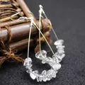 Elegant bohemian teardrop shaped wire earrings featuring natural clear crystal gravel chips - White Crystal
