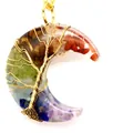 Handmade wire-wrapped Tree of Life moon pendant with multi-color resin crystals - Gold
