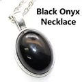 Elegant minimalist oval black onyx gemstone pendant necklace with silver-tone chain - With Necklace / 13x18mm / Black Agate