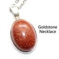 Elegant brown goldstone oval pendant necklace with a minimalist silver-tone chain - With Necklace / 13x18mm / Gold Sandstone