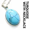 Simple oval blue turquoise stone pendant necklace in silver white K finish for women - With Necklace / 13x18mm / Blue Turquoise