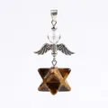 Handcrafted tiger's eye stone Merkaba star pendant featuring silver angel wings and clear bead - Angel Merkaba Pendant / Tiger's Eye