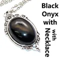 Vintage oval black onyx gemstone pendant necklace with ornate silver floral frame - Pendant And Chain / Black Agate