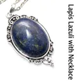 Vintage oval lapis lazuli pendant necklace with silver-toned filigree frame. - Pendant And Chain / Lapis Lazuli
