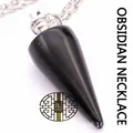 Conical black obsidian crystal pendulum pendant with silver chain - Pendant and Chain Set / Obsidian