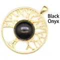 Élégant pendentif arbre de vie avec pierre d'agate noire ronde en plaqué or 24 carats - Agate noire / Or