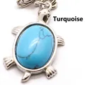 Silver turtle pendant keychain featuring a vibrant oval blue turquoise stone inlay - Blue Turquoise
