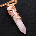 Elegant rose gold plated hexagonal pink quartz crystal pillar pendant necklace with rose vine - Necklace (Pendant With Chain) / Rose Quartz