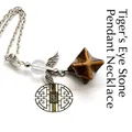 Merkaba star tiger eye stone pendant with angel wings and clear bead silver necklace - Angel Merkaba Necklace / Tiger's Eye