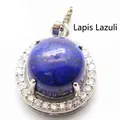 Pendentif rond en lapis-lazuli bleu avec halo en cristal étincelant et bélière - Pendentif Seul (Sans Chaîne) / Lapis-lazuli