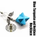 Blue turquoise Merkaba star pendant with silver angel wings - Angel Merkaba Necklace / Blue Turquoise