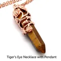 Natural tiger eye hexagonal pillar pendant with rose gold floral wrap and matching chain - Necklace (Pendant With Chain) / Tiger's Eye