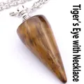 Natural tiger eye stone cone shaped pendulum necklace with silver chain for dowsing - Pendant and Chain Set / Tiger's Eye