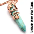Rose gold flower filigree wrapped turquoise hexagonal column crystal pendant necklace - Necklace (Pendant With Chain) / Turquoise