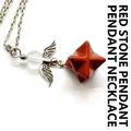 Handcrafted Red Stone Merkaba Star Pendant Necklace with Angel Wings and Clear Crystal Bead - Angel Merkaba Pendant (With Necklace) / Red Jasper