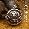 Yoga lotus pendant necklace featuring brown goldstone glitter stone in a silver frame - Gold Sandstone