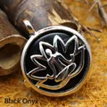 Polished silver yoga lotus pendant necklace featuring a round black onyx gemstone inlay - Black Agate