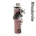 Handmade natural rhodochrosite crystal pillar pendant featuring a silver climbing frog - Rhodonite