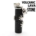 Black lava stone pillar pendant with a climbing silver frog detail. - Lava Stone