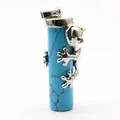Blue turquoise cylinder necklace pendant featuring a climbing silver frog motif - Blue Turquoise