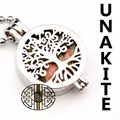 Silver Tree of Life hollow locket necklace with natural green Unakite stone bead - Flower Green Stone Necklace / Silver