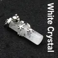 Elegant white crystal pillar pendant with a unique silver frog climbing design charm - Pendant / White Crystal