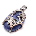 Vintage bronze double flower pendant with natural oval blue sodalite stone for necklace - Blue Sodalite