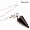 Pendule en hématite naturelle de forme conique avec chaîne argentée pour la radiesthésie - Minerai de fer