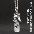 White crystal pillar pendant necklace featuring a decorative silver frog design - Necklace Set / White Crystal