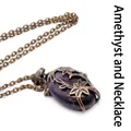 Vintage bronze medieval pendant necklace with purple amethyst stone and floral cage design - Amethyst