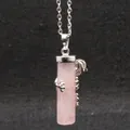 Rose quartz crystal pillar pendant necklace featuring a cute silver frog wrap design - Necklace Set / Rose Quartz
