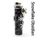 Natural snowflake obsidian column pendant with a detailed climbing silver frog ornament - Snowflake Obsidian