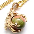 Gold dragon claw pendant necklace featuring a natural round unakite stone bead jewel. - Unakite with Necklace