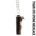 Natural tiger eye stone cylinder pendant necklace featuring a detailed silver frog accent - Necklace Set / Tiger's Eye