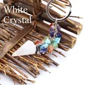Handmade white quartz hexagonal cone crystal keychain with colorful gemstone chips - White Crystal