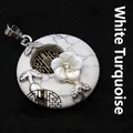 White turquoise circular pendant with silver flower and leaf details for necklaces - Pendant Only (Without Chain) / Howlite
