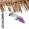 Healing crystal keychain with amethyst hexagonal prism and colorful chakra stone chips - Amethyst