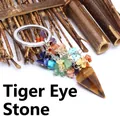 Handmade Tiger Eye hexagonal cone keychain with colorful chakra crystal stones and silver ring - Tiger's Eye