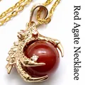 Vintage gold dragon claw pendant necklace featuring a large round red agate bead - Red Agate with Necklace