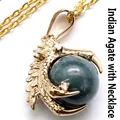 Golden dragon claw pendant necklace featuring a natural green Indian agate stone bead - India Agate with Necklace